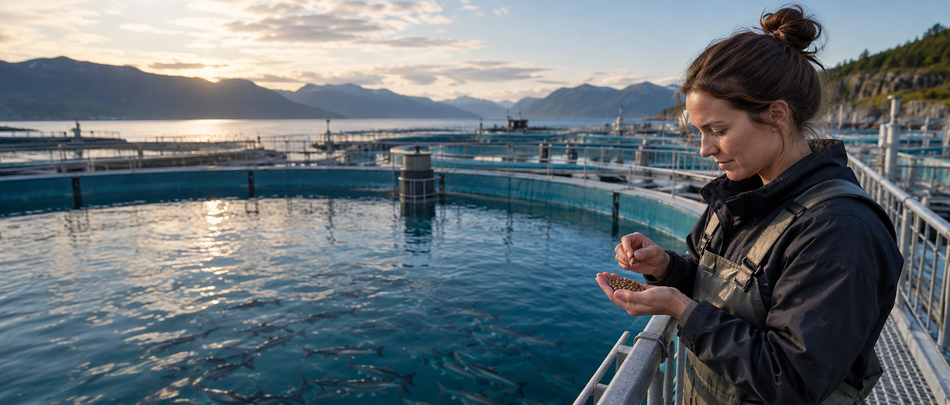 A beautiful commercial aquaculture facility with clear blue circular tanks, practical walkways and a technician holding a small feed sample at the right